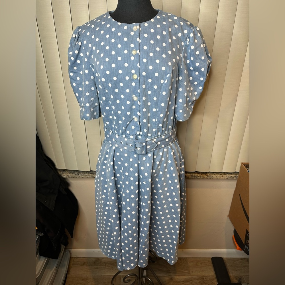 Vintage Jenny Light Blue Polka Dot Midi Belted Dress Size 14
